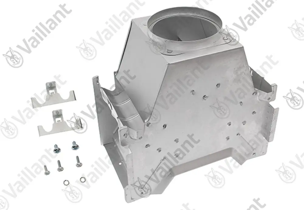 Vaillant Bauteil aus Metall mit einer runden Öffnung oben, montiert auf einer rechteckigen Basis, begleitet von Montagehaltern und verschiedenen Schrauben.